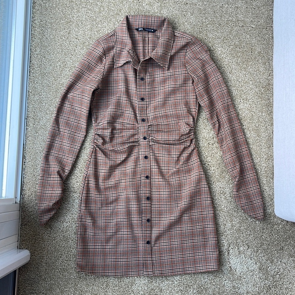 Zara Orange Brown Plaid Button Up Dress
